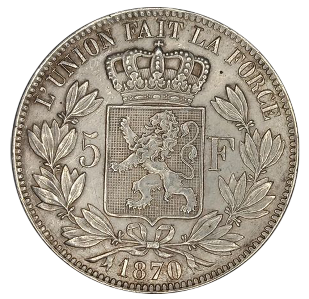 Ecu 5 Francs Belgique Leopold II 1865-1878